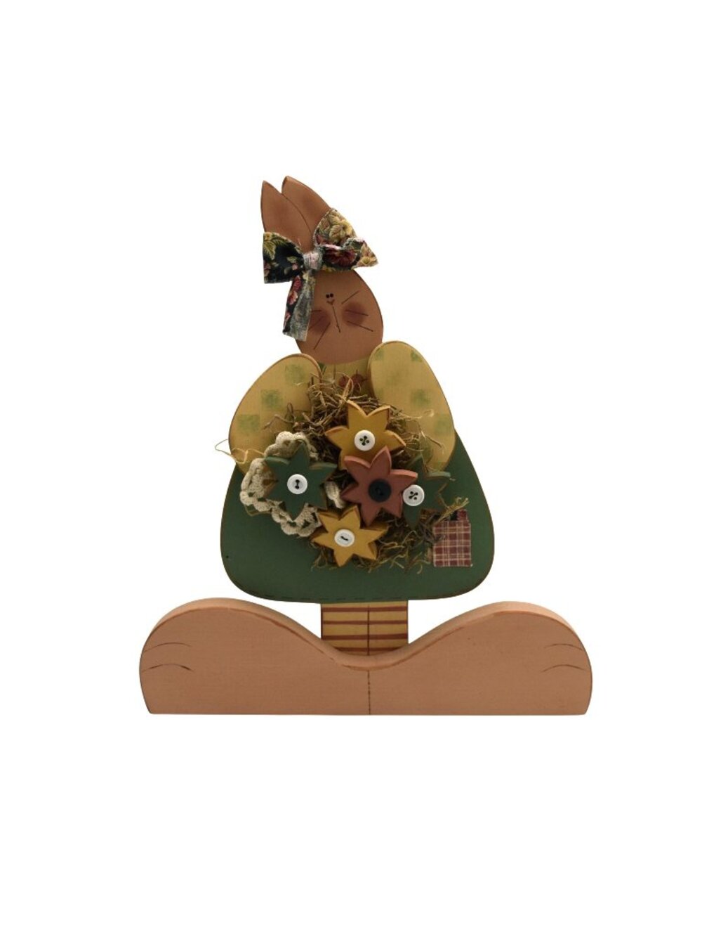 Wooden Bunny Figurine With Floral Accents & Bow - Rustic Spring Easter Decor